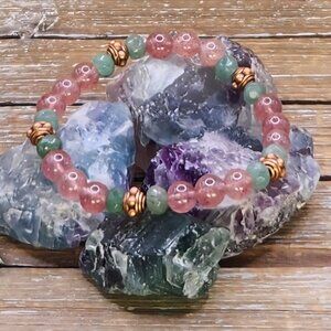 Strawberry Quartz, Green Aventurine and Copper Beaded Bracelet